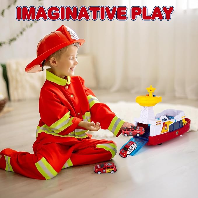 ArtCreativity Light Up Boat Toy with Sounds - Colorful Fire Dept Model Ship with Wheels & 3 Alloy Metal Cars - Kids Ferry Boat for Imaginative Play - Kids Birthday Gift Party Favor