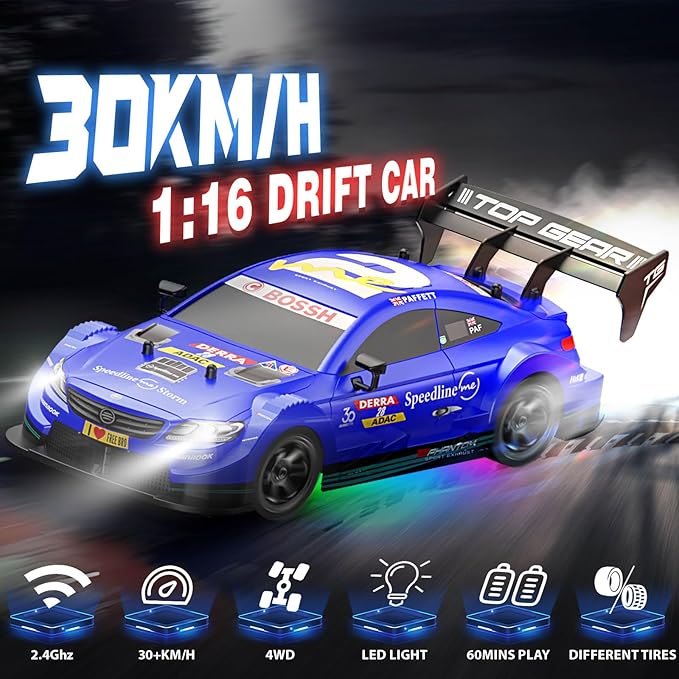 1/16 RC Drift Car, 2.4GHz 4WD Remote Control Drift Car, 30+KM/H High Speed Drift RC Cars with LED Lights 2 Batteries and Drift Tires Race Cars for Adults Boys Kids, Blue