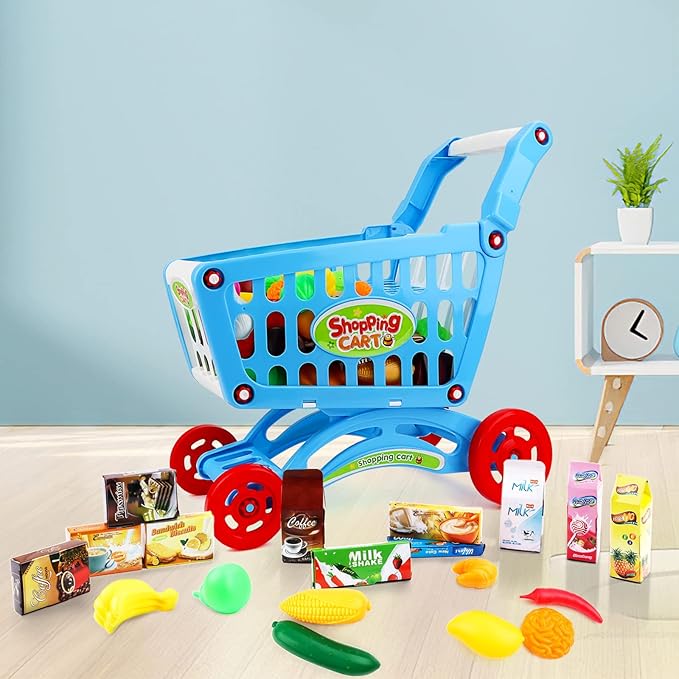 deAO Kids Shopping Cart Trolley Play Set Includes Over 70 Grocery Food Fruit Vegetables Shop Accessories Play Food Role Play Educational Toy (Blue)