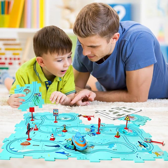 Puzzle Track Car Play Set, Plastic Puzzles for Kids Ages 3-5 with Vehicles, Electric Trolley Puzzle, Car Tracks for Toddlers, Toys Gifts for 2 3 4 5 6 Year Old Boys Girls