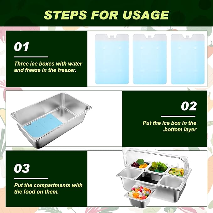 Tessco for you 16 Pcs Countertop Chilled Condiment Container Set with Lid, Stainless Steel Salad Cold Ice Food Spice Serving Display Caddy for Buffet Restaurant Kitchen Party(6 Compartments)