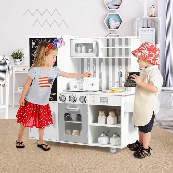 Fireflowery Kids Kitchen Playset, Toddler Kitchen w/Simulated Sound, Accessory Utensils, Blackboard, Sink, Stovetop, Cabinets, Pretend Play Kitchen, Gift for Ages 3+ (Modern)