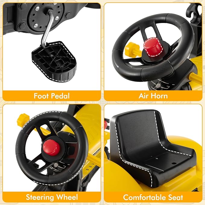 Olakids Kids Ride on Excavator, Pedal Digger Car Bulldozer with Manual Control Bucket, Detachable Cargo Trailer, Shovel, Rake, 6 Wheels, Horn, Construction Tractor for Toddlers 3+