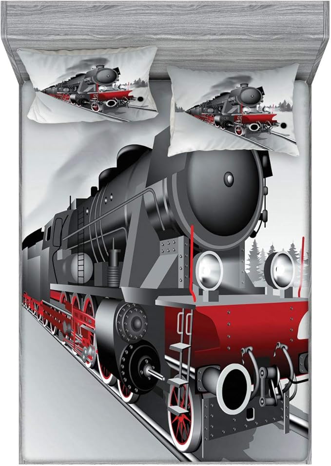 Ambesonne Steam Engine Fitted Sheet & Pillow Sham Set, Locomotive Red Black Train on Steel Railway Track Travel Adventure Graphic Print, Decorative Printed 3 Piece Bedding Decor Set, Calking, Red
