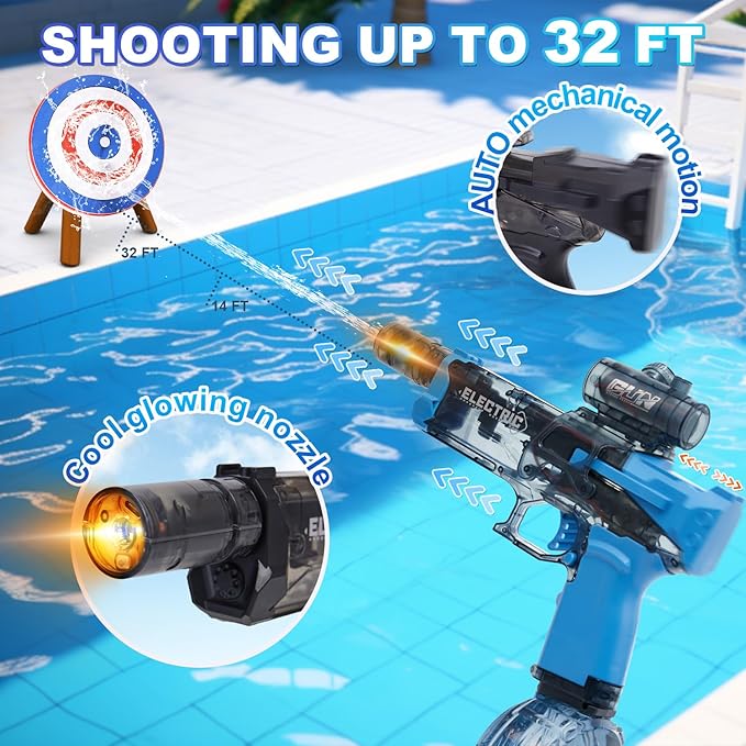 Electric Water Gun for Adults Kids: Most Powerful Squirt Gun, Automatic high Powered Pressure Blaster watergun with Realistic Led Muzzle Flame,28-32 FT Range,Perfect Summer Gift Toys for Age 8-12