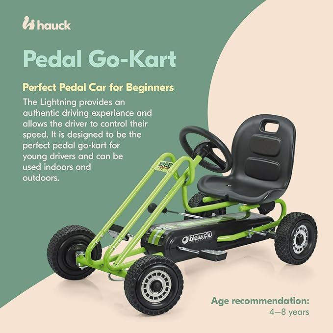 hauck Kids Pedal Go Kart, 4 Wheel Bike Cart, Ages 4-8, Lightning Ride, Race Green