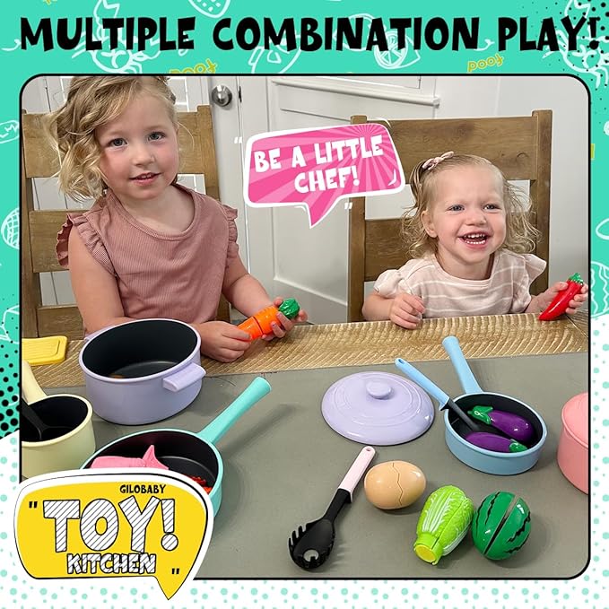 GILOBABY Play Kitchen Accessories, Play Food Sets for Kids Kitchen Playset with Pots and Pans Set, Cooking Utensils, Preschool Learning Education Toys for Toddlers, Birthday Gifts for Girls (Pink)