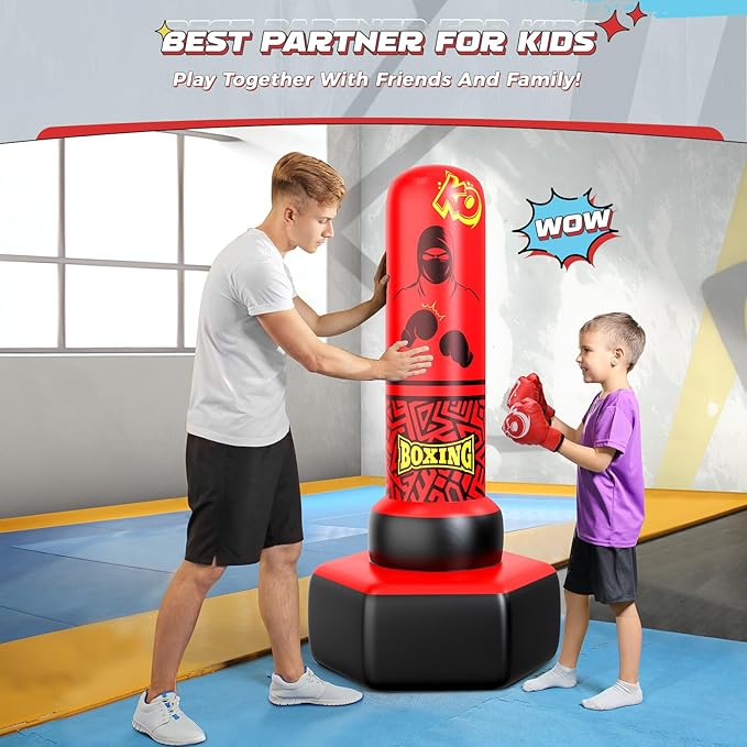 67'' Inflatable Punching Bag Freestanding for Kids Aged 3-12 – Heavy Duty Boxing Set for Karate & Taekwondo, Stable Boxing Bag Active Kids Toy, Christmas Birthday Gift for Boys and Girls