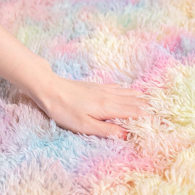 AROGAN Soft Rainbow Area Rugs for Girls Room 4x6 Feet, Fluffy Girls Bedroom Rugs, Princess Rug, Cute Colorful Carpet for Kids Teens Nursery Toddler, Pink