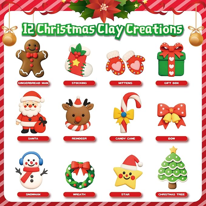 Air Dry Clay Kit Christmas Craft for Kids – 12 Holiday Themes Modeling Clay with Tools & Step-by-Step Guide, DIY Art & Craft Set, Creative Party Favors, Perfect Christmas Gifts & Stocking Stuffers