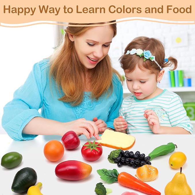 Gresorth 32pcs Play Food with Matching Card Toy Food Set Artificial Fruit Vegetable Realistic Bread Decoration for Toddlers Kitchen Preschool Learning