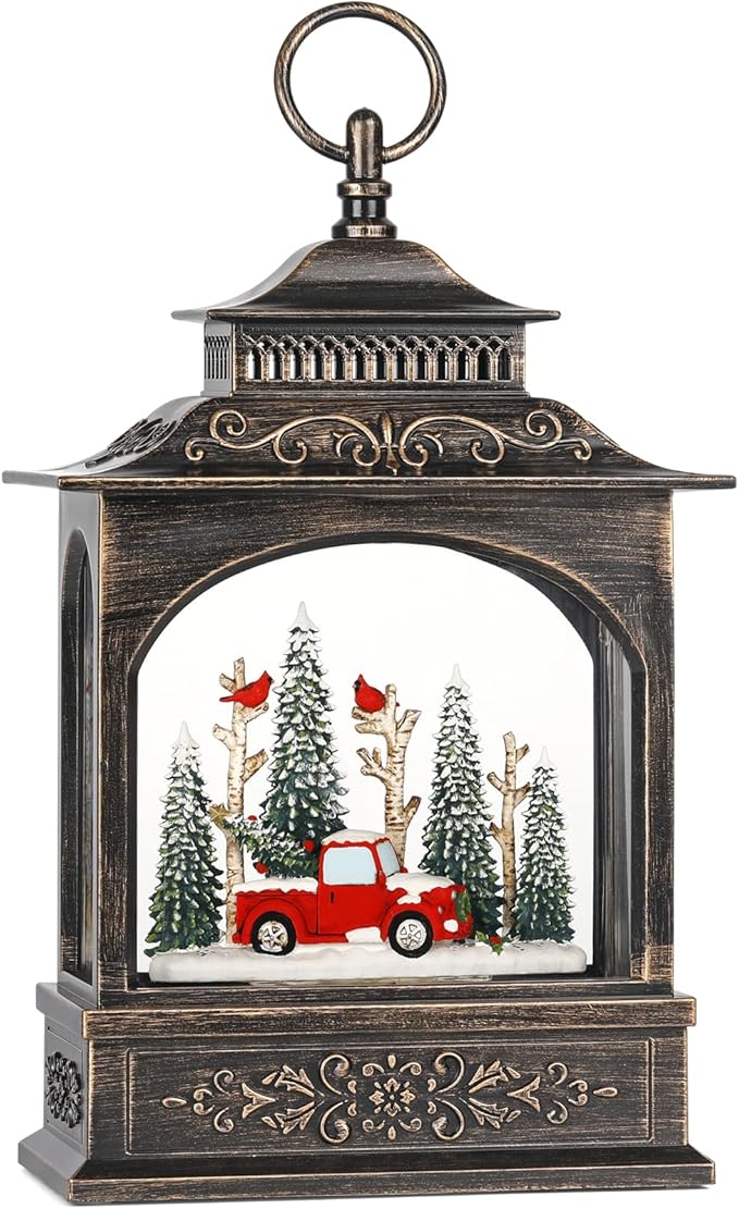 Musical Christmas Snow Globe Lantern with 6H Timer, Lighted Christmas Decorations Battery Operated Snow Globe for Home Tabletop, Red Truck & Cardinals