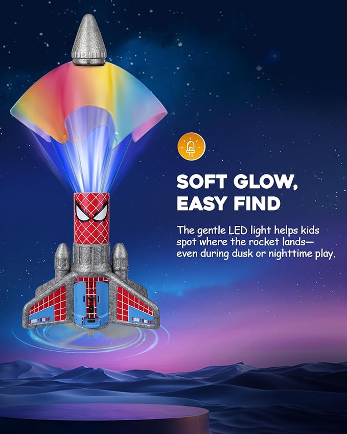 Rocket Launcher for Kids – 2nd Gen Upgraded Design, Electric Auto Launch, 200ft Flight with Safe Parachute, Outdoor Rocket Toy for Boys & Girls, Birthday Gift for Ages 6-13, Spider Pattern