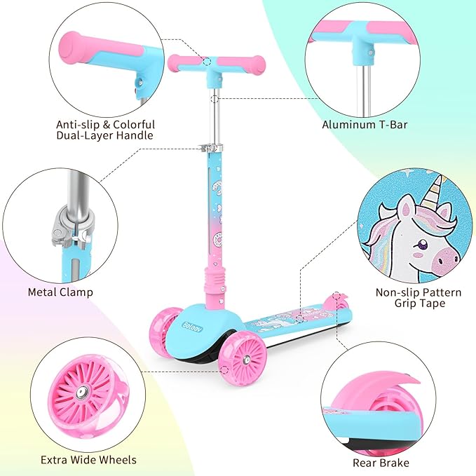 BELEEV A9 Kids Scooter with LED Light-Up Wheels & Deck, 3 Wheel Folding Scooter for Toddlers Girls Boys Ages 3-12, Adjustable Handlebar, Lean to Steer, Extra-Wide Wheels, Kick Scooter for Children