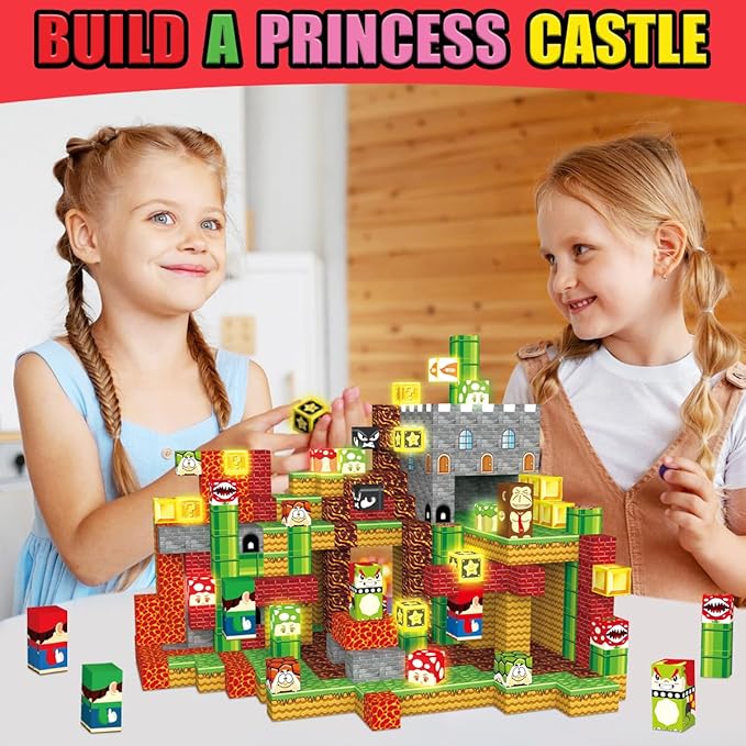 200PCS Magnetic Blocks Building Toys, 1" Light Up Building Blocks Magnet Cubes Tiles for Toddlers Boys Girls 3+, Build Game Adventure Scenes STEM Sensory Construction Toys