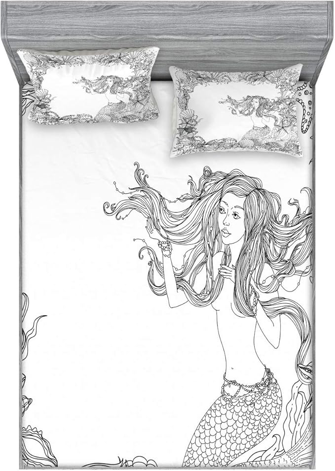 Ambesonne Mermaid Fitted Sheet & Pillow Sham Set, Mermaid in Seashells Starfish Coral Reef Frame Culture Myth Art, Decorative Printed 3 Piece Bedding Decor Set, Queen, White Grey
