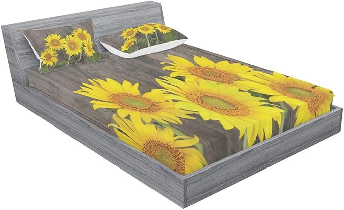 Ambesonne Sunflower Fitted Sheet & Pillow Sham Set, Helianthus Sunflowers Against Weathered Aged Fence Summer Garden Photo, Decorative Printed 3 Piece Bedding Decor Set, Queen, Brown Yellow