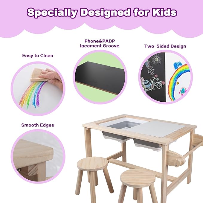 Kids Sensory Bins Table with 2 Stool, Multifunctional Children Interactive Activity Wooden Table Set for 1-3 Years, Drawing Table Play Sand & Water Table with Storage Bins Lid