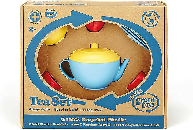 Green Toys Tea Set, Blue/Red/Yellow - 17 Piece Pretend Play, Motor Skills, Language & Communication Kids Role Play Toy. No BPA, phthalates, PVC. Dishwasher Safe, Recycled Plastic, Made in USA.
