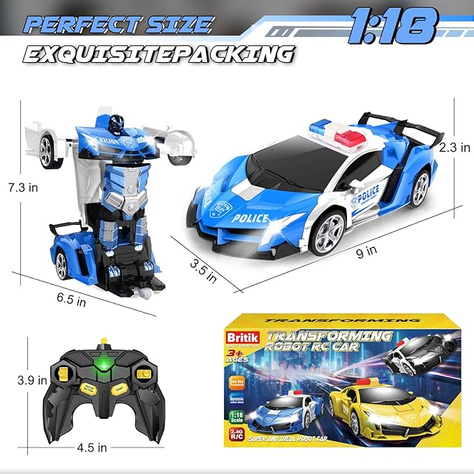 Transform Remote Control Car - Rc Cars, One-Button Transforming, 360° Rotation Drifting, 2.4ghz 1:18 Scale, Gift Kids Aged 4-6 Year Old Boys/Girls, Police Car Blue