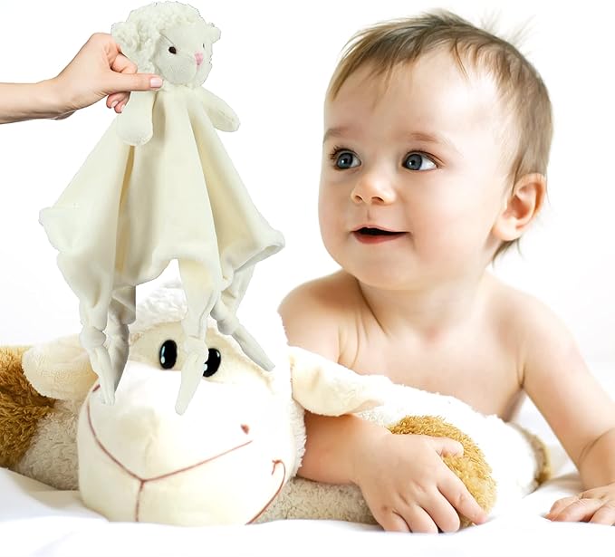 CREVENT Baby Welcome Gift Set Storage Basket with Two Blankets+ A Security Blanket + A Taggie + A Gift Bag with Ribbon (Ivory)