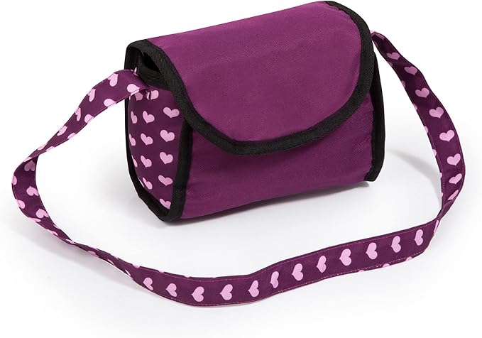 Bayer Design Dolls: Trendy Pram - Burgundy, Pink, Hearts - Includes Shoulder Bag, Fits Dolls Up to 18", Adjustable Handle, Kids Pretend Play, Shopping Basket, Easy to Fold, Ages 3+
