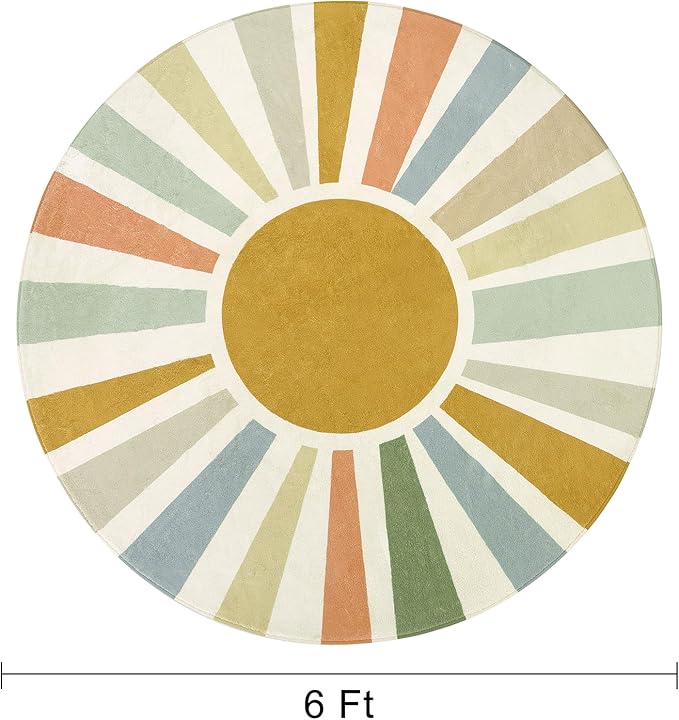 STARUIA Boho Sun Round Area Rug for Living Room, 6 Ft Washable Nursery Rug for Playroom, Colorful Circle Rugs for Kids Bedroom, Non-Slip Circluar Carpet Soft Large Kid Rug for Classroom Dorm