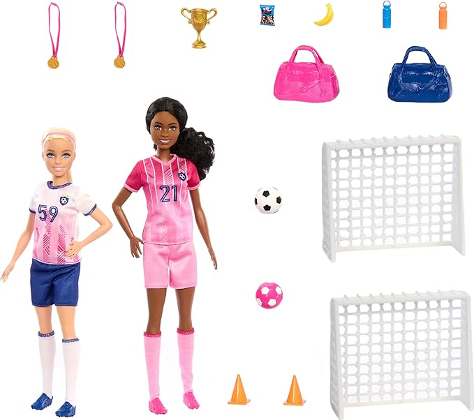 Barbie Careers Playset, Soccer Player Set with 2 Fashion Dolls & 15 Accessories Including Barbie Brooklyn”, Blonde Petite Player, 2 Nets & More