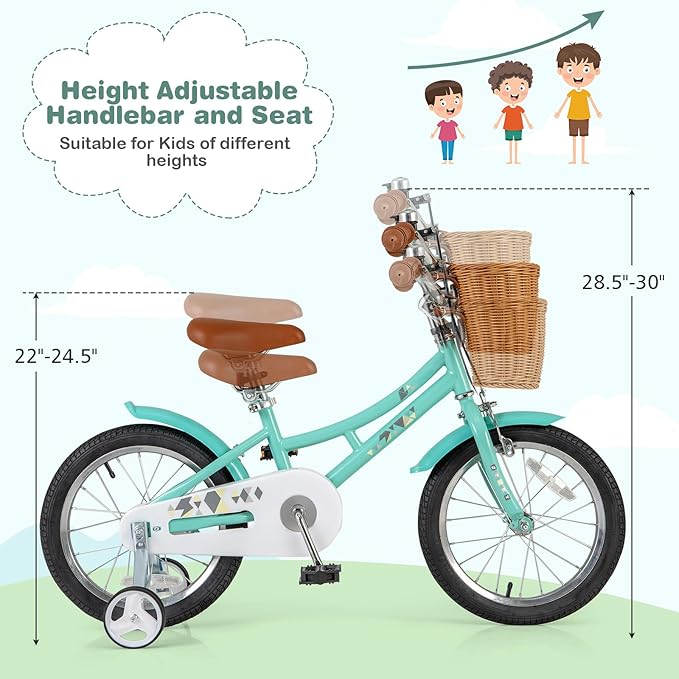 BABY JOY Retro Kids Bike, 12 14 16 18 Inch Child Bike for 3-8 Years Old w/Rattan Basket, Adjustable Height, Training Wheels, Fenders, Handbrake Coaster Brake, 95% Pre-Assembled Kids Bicycle for Girls