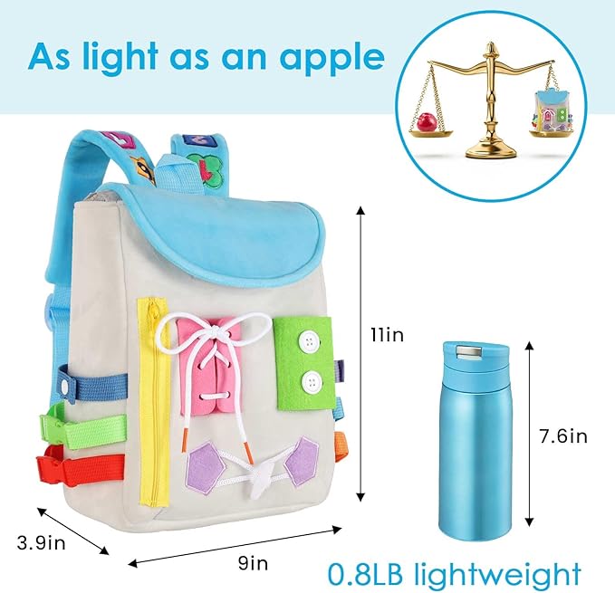 Busy Board - Toddler Backpack with Buckles and Learning Activity Toys - Develop Fine Motor Skills and Basic Life Skills - Learn to Tie Shoes - Children's Travel Toy (Grey)