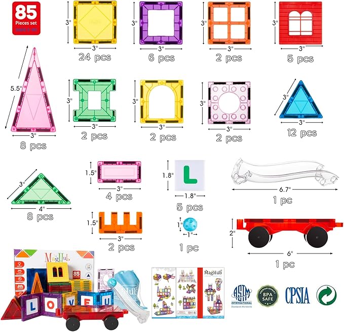 Magnetic Tiles 85 PCS Magnetic Blocks for Kids, 3D Magnetic Building Blocks, Magnetic Stacking Toys Construction Kit,STEM Toys for Toddlers Children Boys Girls Ages 3 4 5 6 7 8+ Year Old