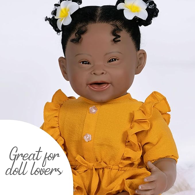 Paradise Galleries 21 Inch Realistic Reborn Baby Girl Doll with Down Syndrome Cute Mustard Yellow Dress Outfit and Accessories – Emma