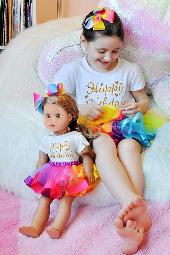 ZITA ELEMENT Birthday Clothes Outfits for Girls Matching Dolls - 1 Cotton Shirts with Sequins Rainbow, 1 Rainbow Tutu Skirts and 1 Bow Hair Clips for 7-9 Years Girls and 18 Inch Girl Dolls