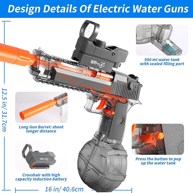 Electric Water Gun, Water Guns for Adults and Kids, Automatic High Power 500ml Squirt Guns, Long Range Water Gun Summer Water Toys for Boys Girls Pool Party Beach Outdoor Grey