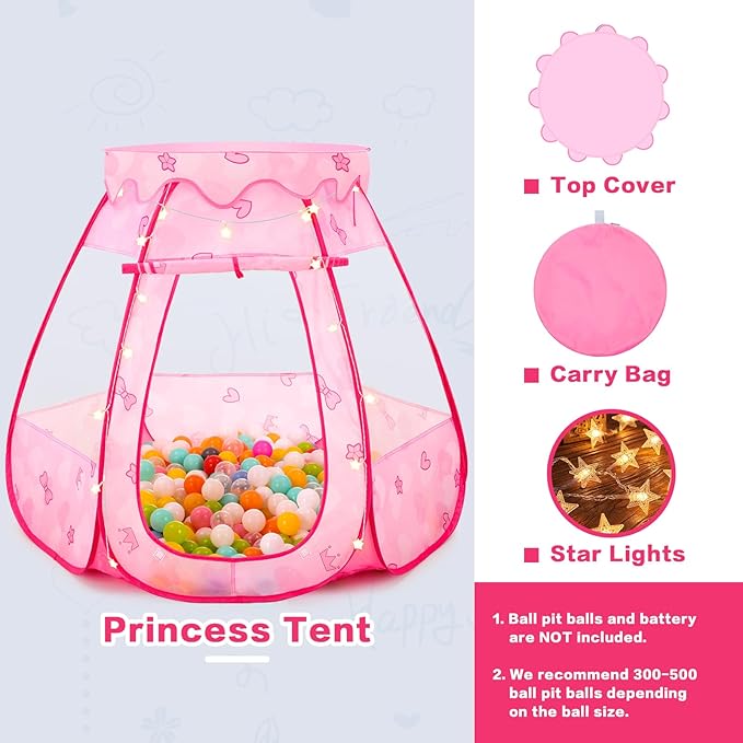 Baby Ball Pit for Toddler: with Star Lights - Pop Up Princess Play Tent for Kids - Indoor Outdoor Baby Girl Toys Birthday Gifts - NO Balls (Dreamy Pink Tent)