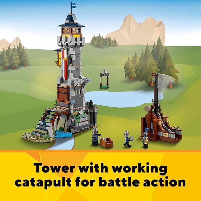 LEGO Creator 3 in 1 Medieval Castle Toy, Transforms from Castle to Tower to Marketplace, Includes Skeleton and Dragon Figure, with 3 Minifigures and Catapult, 31120