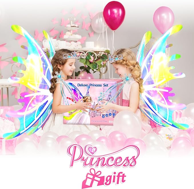 Electric Light Up Butterfly Wings Moving with Music - Princess Costume Crown Wand Dress Up, Princess Toys for Kids Ages 3-6 5-7 as Halloween Valentine Birthday Christmas Party Gifts