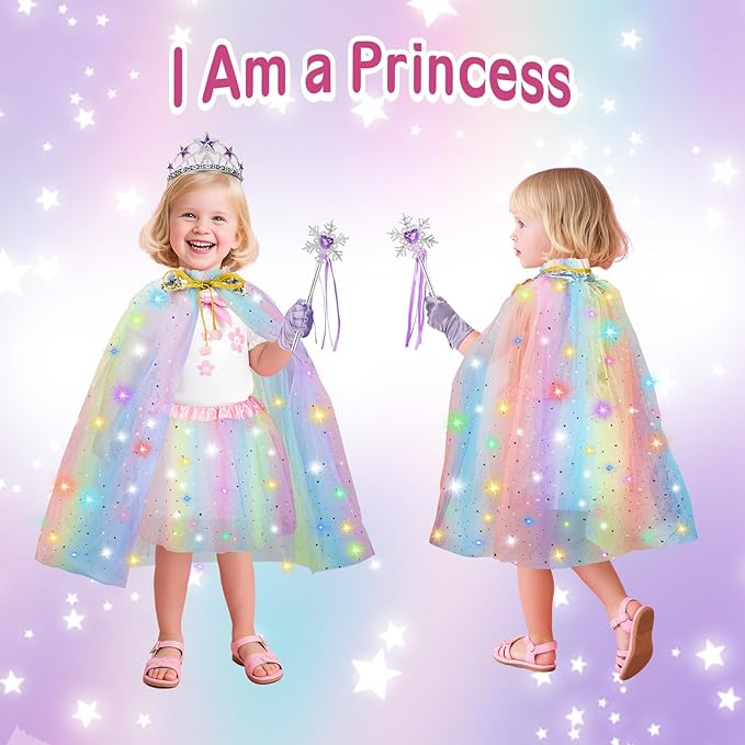 Princess Dress Up for Girls, Light Up Princess Costume Cape Set, Birthday Gifts Toys for Girls 3 4 5 6 Years Old