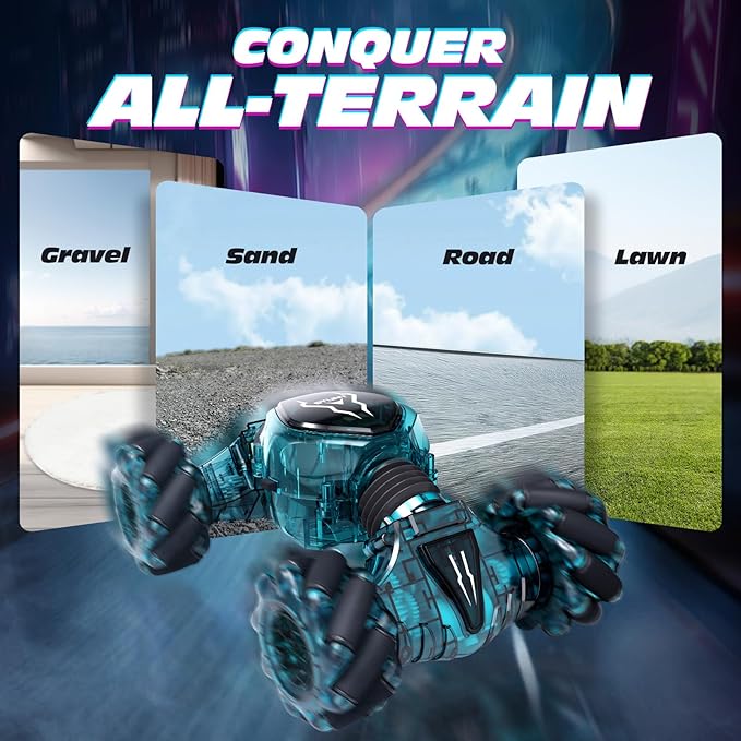 Tecnock Remote Control Car RC Cars for Boys Girls, 2.4GHz 4WD Gesture Sensing RC Stunt Car Toys - 360° Rotating Double Sided Hand Controlled RC Car with Lights, Gifts for Kids