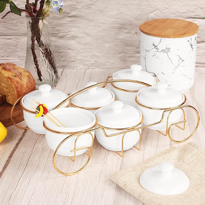 Ceramic Candy Bowls, Condiment/Sugar bowls gold basket Tray, 6 Removable small bowls With cover, For Snack, Dried fruits, nuts, candies and condiments - for parties, Holiday gift