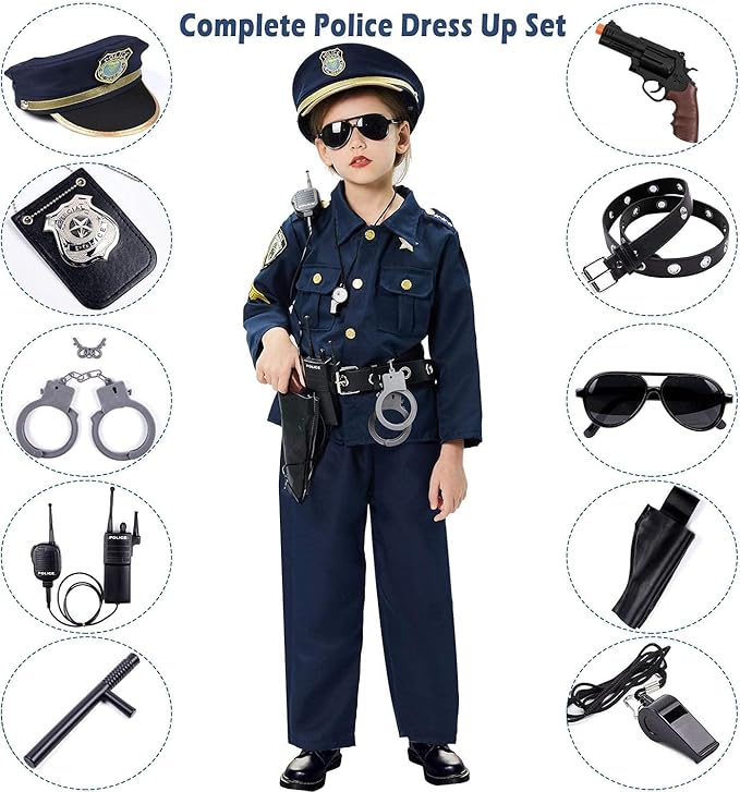 Golray Police Officer Costume for Kids Boys Girls - 12PCS Kids Police Costume Cop Uniform Outfit Role Play with Police Toys Accessories, 3 4 5 6 7 8 9 10 11 12 Year Old Kid Halloween Costume Dress up