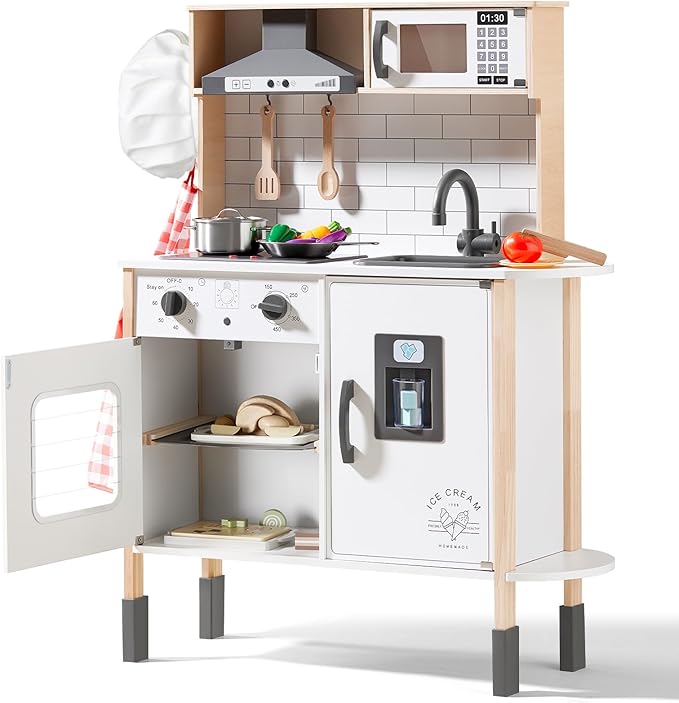 Tiny Land Play Kitchen for Kids, Wooden Kids Play Kitchen Playset Chef Pretend Play Set for Toddlers with Real Lights & Sounds, Toys Kitchen with 18 Pcs Toy Food & Cookware Accessories