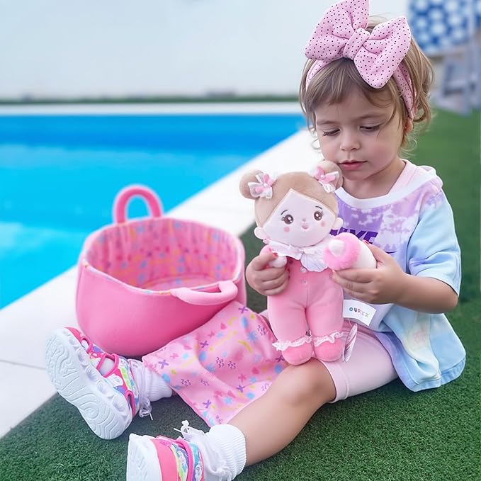 OUOZZZ 10" Soft Baby Doll Set with Plush Doll, Bassinet, Blanket and Bottle, Pretend Playset for Emotional Social Education Doll for 2 Year Olds Girls Christmas Birthday Gift Pink