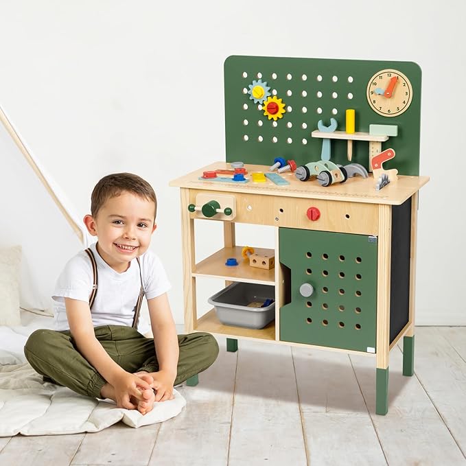 Toddler Tool Bench, Montessori Kids Workbench Playset, Large Tool Bench for Kids Ages 3-5, Wooden Toddler Construction Toys for Pretend Play, Present for Boys and Girls, Green
