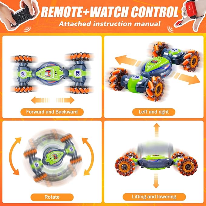 Rc Car Boys Toys 6-8 Years Old,Cool Birthday Gifts for Boys Ages 8-13 4WD Gesture Sensing Rc Stunt Car for Ages 5 7 9 10 Years Old Kids with Light and Music-Large Green