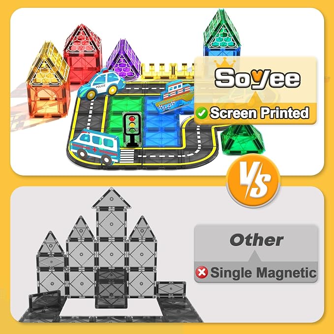 Soyee Magnetic Tiles Road Cars Set Magnetic Building Blocks Boys Toys Ages 3 4 5 6 7 8 Sensory Preschool Construction Toddler Toys Gifts for 3+ Year Old Boys Girls
