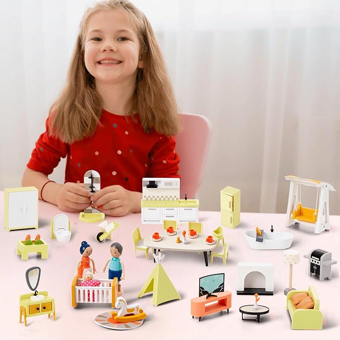 Giant bean 37pcs Green Wooden Plastic Dollhouse Furniture Kitchen and Bathroom Set, Modern Wood Dollhouse Accessories Pretend Play Furniture Toys for Boys Girls Toddlers & Kids 3+