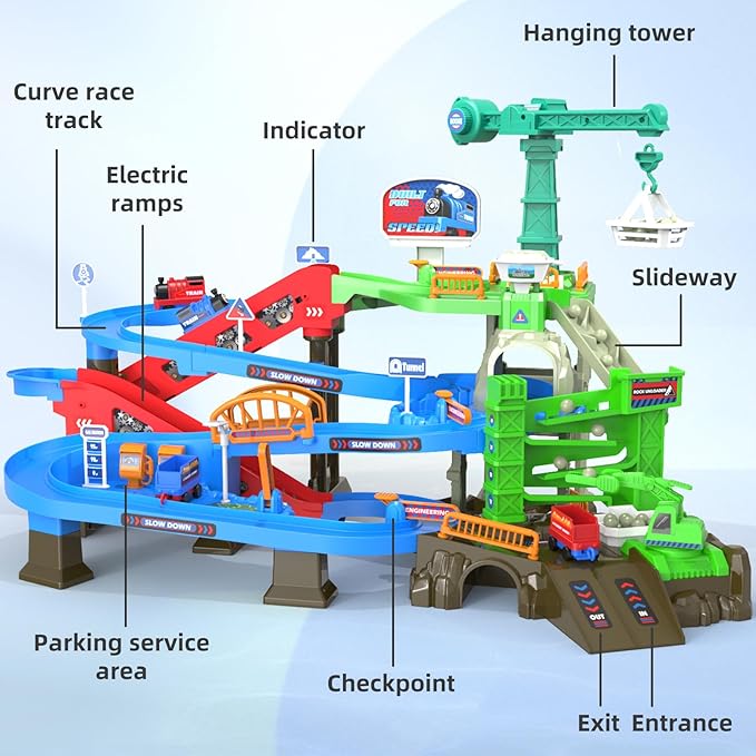 64PCS Train Engineering Adventure Track Toy for Kids 3+,Electric Climbing Ladder, Rotating Crane, Multi-Level Obstacles, Realistic Mining World with Parking&Gas Station,Ideal Gift