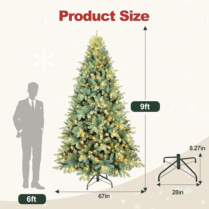 9 Ft Pre-Lit Artificial Christmas Tree, w/ 800 LED Warm Lights, 3268 PE&PVC Mixed Branch Tips, Faux Xmas Tree for Home, Office, Party Decoration, Easy Assembly, Metal Hinges & Foldable Base