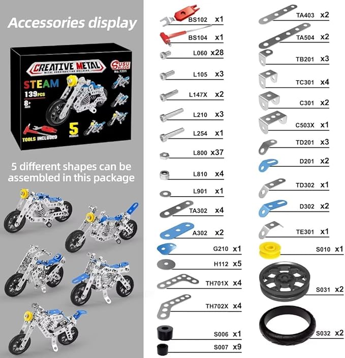 Ferthor Fun Erector Set Motorcycle,Stem Building Projects Toys for Kids 8 9 10 11 12+ Year Old,Metal Building Construction Model kit, 5 in 1 Motobike Building Blocks Steam Educational Toys(139PCS)